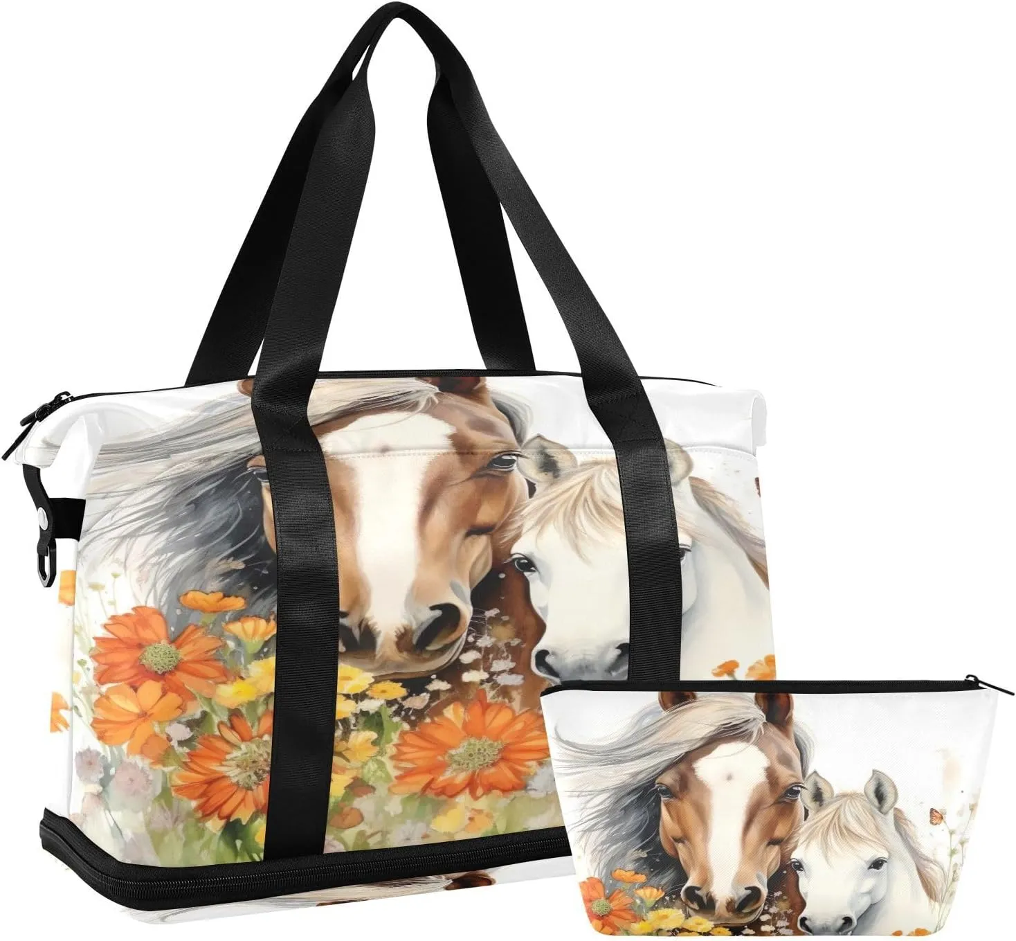 Kigai Horse Flowers Gym Bag for Women & Men,Waterproof Weekender Overnight Bag with Shoes Compartment Sports Duffel Bag for Gym Yoga Swimming Camping