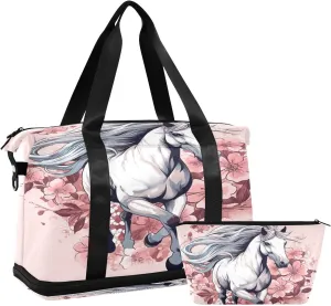 Kigai Horse Flowers Gym Bag for Women & Men,Waterproof Weekender Overnight Bag with Shoes Compartment Sports Duffel Bag for Gym Yoga Swimming Camping