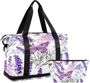 Kigai Lavender Butterfly Gym Bag for Women & Men,Waterproof Weekender Overnight Bag with Shoes Compartment Sports Duffel Bag for Gym Yoga Swimming Camping
