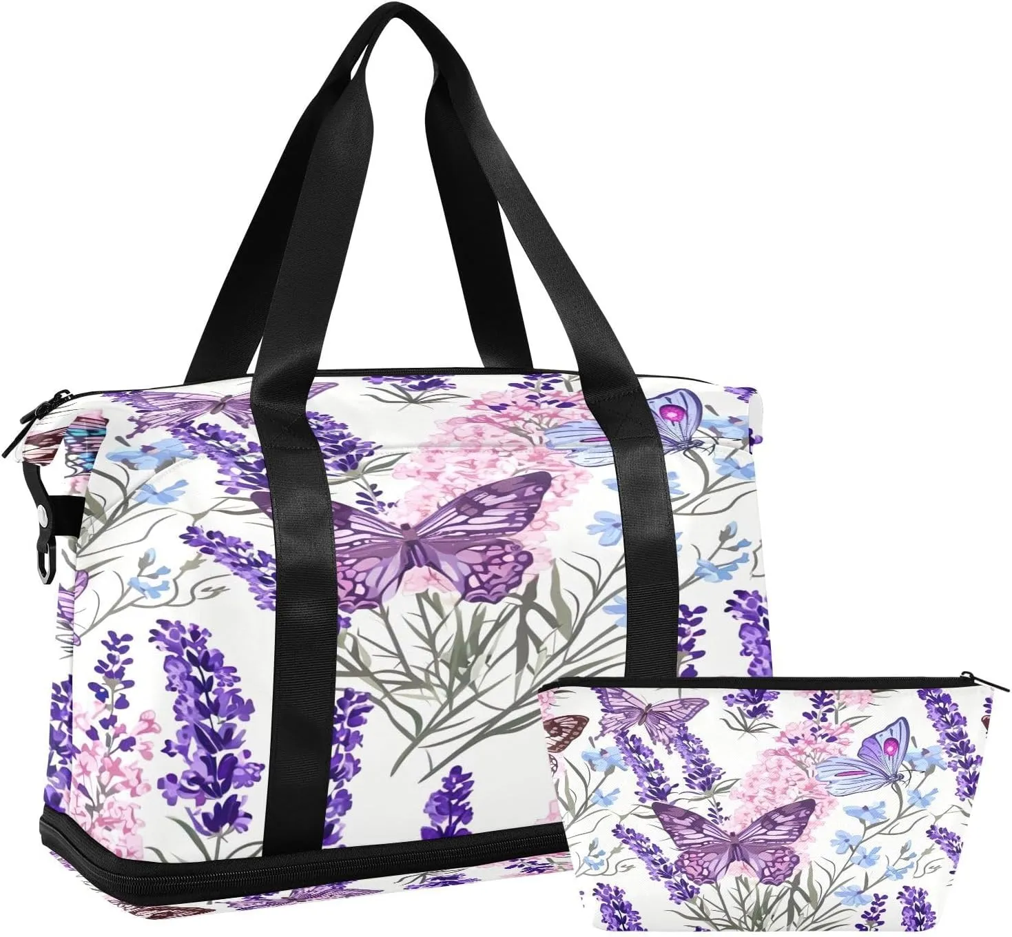 Kigai Lavender Butterfly Gym Bag for Women & Men,Waterproof Weekender Overnight Bag with Shoes Compartment Sports Duffel Bag for Gym Yoga Swimming Camping