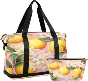 Kigai Lemlemon Flowers Gym Bag for Women & Men,Waterproof Weekender Overnight Bag with Shoes Compartment Sports Duffel Bag for Gym Yoga Swimming Camping