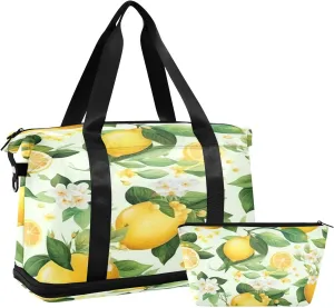 Kigai Lemon Flowers Gym Bag for Women & Men,Waterproof Weekender Overnight Bag with Shoes Compartment Sports Duffel Bag for Gym Yoga Swimming Camping