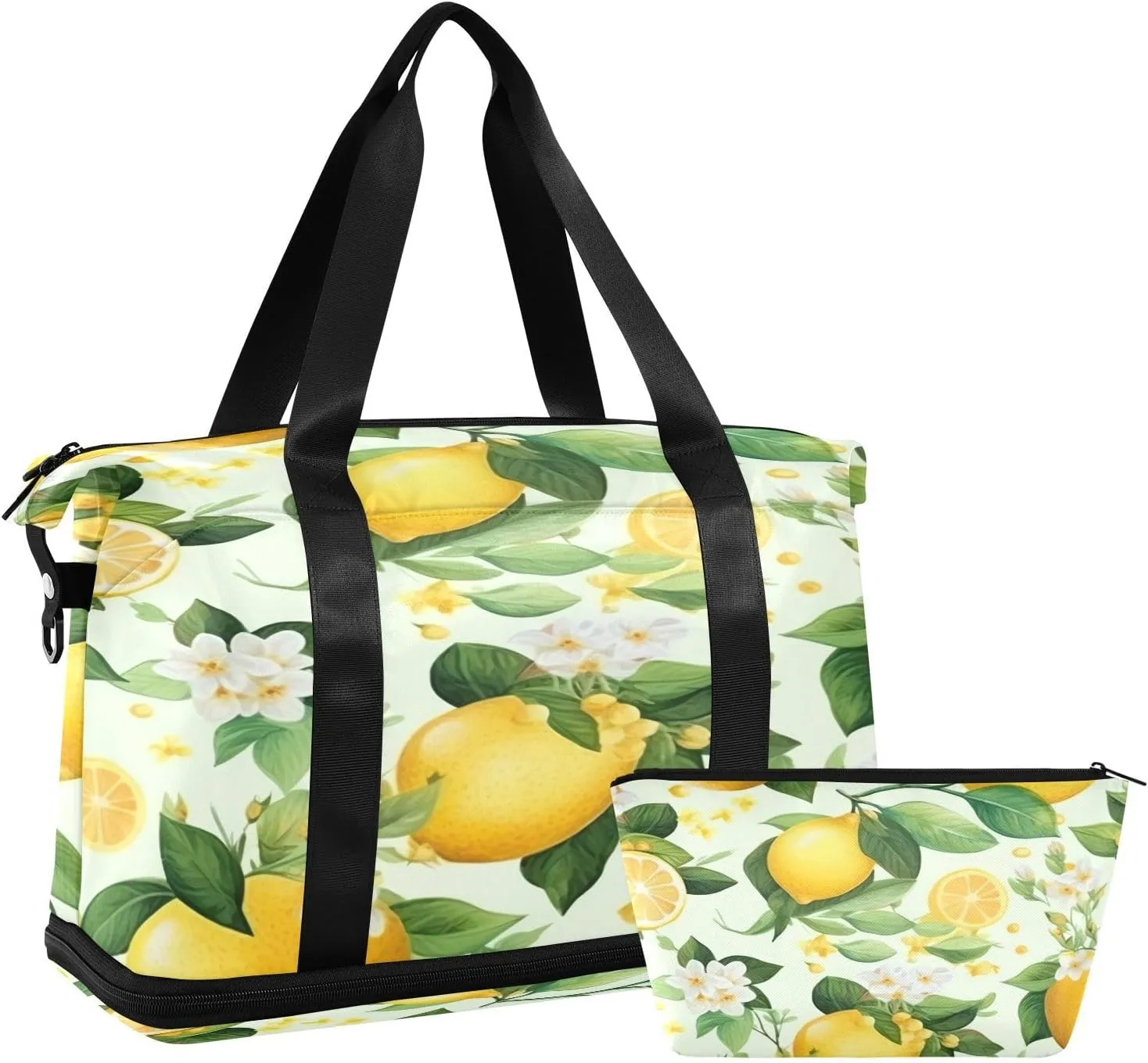 Kigai Lemon Flowers Gym Bag for Women & Men,Waterproof Weekender Overnight Bag with Shoes Compartment Sports Duffel Bag for Gym Yoga Swimming Camping
