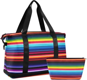 Kigai Mexican Stripes Gym Bag for Women & Men,Waterproof Weekender Overnight Bag with Shoes Compartment Sports Duffel Bag for Gym Yoga Swimming Camping
