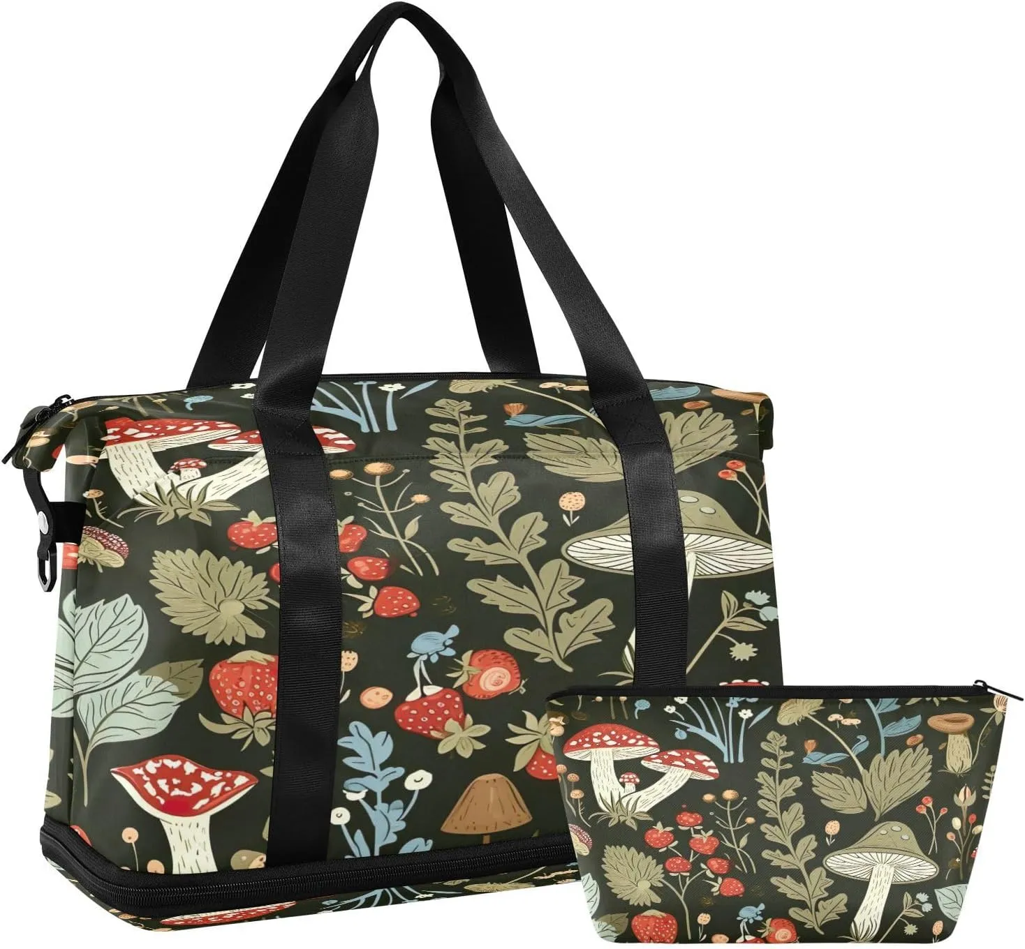Kigai Mushroom Flowers Gym Bag for Women & Men,Waterproof Weekender Overnight Bag with Shoes Compartment Sports Duffel Bag for Gym Yoga Swimming Camping
