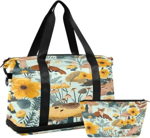 Kigai Mushroom Flowers Gym Bag for Women & Men,Waterproof Weekender Overnight Bag with Shoes Compartment Sports Duffel Bag for Gym Yoga Swimming Camping