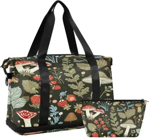 Kigai Mushroom Flowers Gym Bag for Women & Men,Waterproof Weekender Overnight Bag with Shoes Compartment Sports Duffel Bag for Gym Yoga Swimming Camping