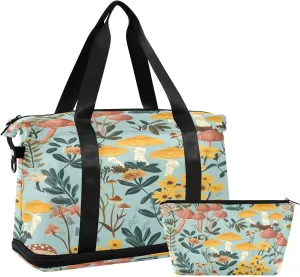 Kigai Mushroom Flowers6 Gym Bag for Women & Men,Waterproof Weekender Overnight Bag with Shoes Compartment Sports Duffel Bag for Gym Yoga Swimming Camping