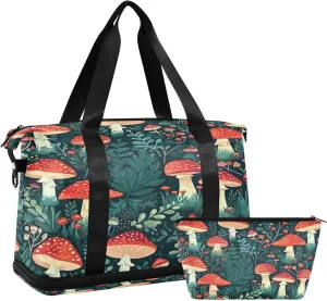 Kigai Mushroom Leaf Gym Bag for Women & Men,Waterproof Weekender Overnight Bag with Shoes Compartment Sports Duffel Bag for Gym Yoga Swimming Camping