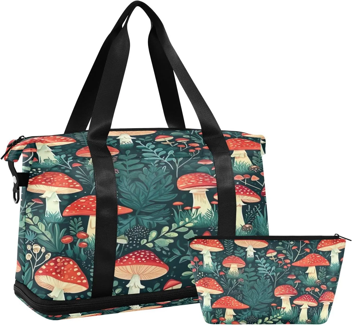 Kigai Mushroom Leaf Gym Bag for Women & Men,Waterproof Weekender Overnight Bag with Shoes Compartment Sports Duffel Bag for Gym Yoga Swimming Camping