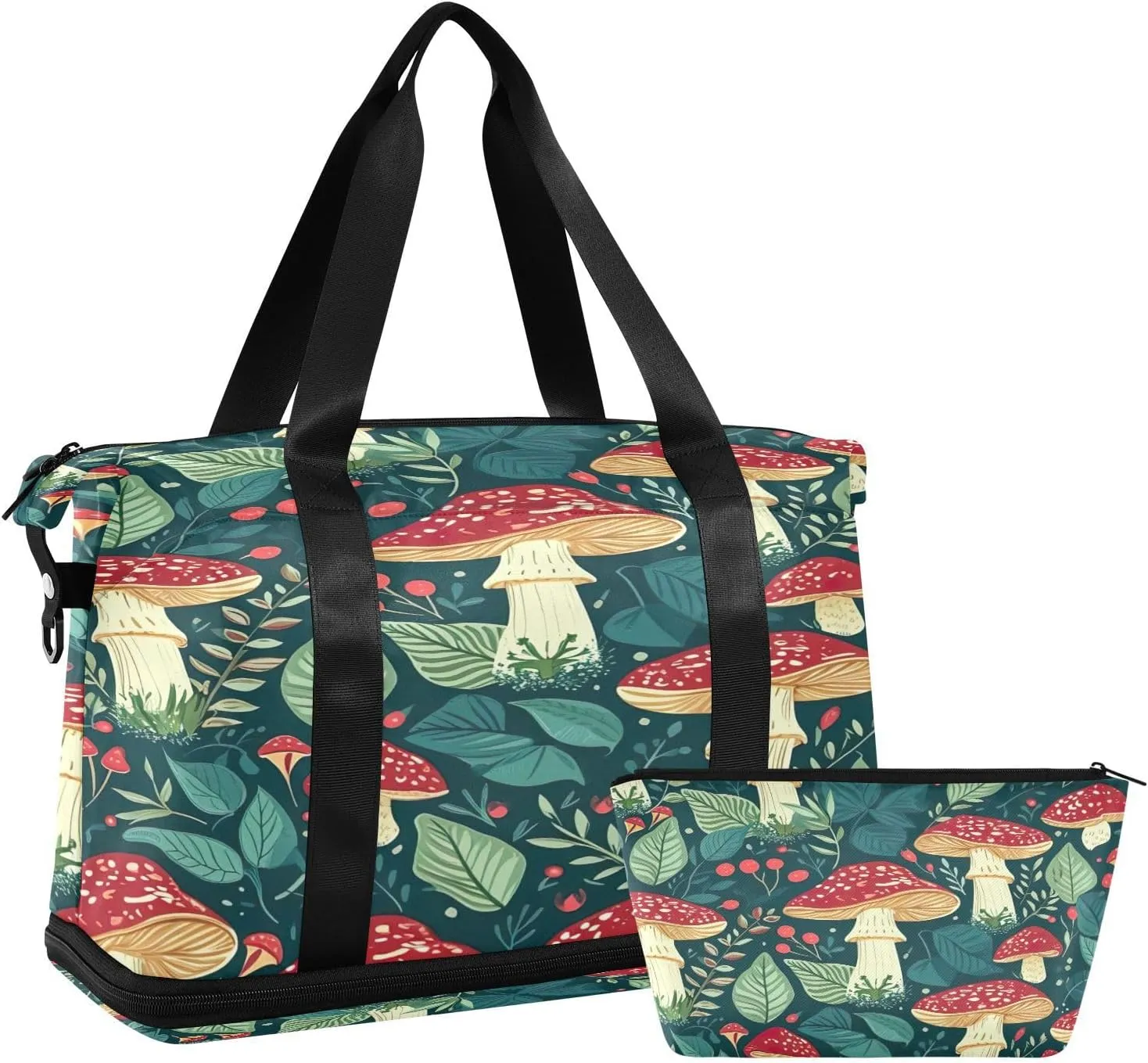 Kigai Mushroom Leaf Gym Bag for Women & Men,Waterproof Weekender Overnight Bag with Shoes Compartment Sports Duffel Bag for Gym Yoga Swimming Camping