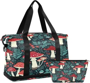 Kigai Mushroom Leaf Gym Bag for Women & Men,Waterproof Weekender Overnight Bag with Shoes Compartment Sports Duffel Bag for Gym Yoga Swimming Camping