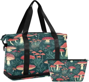 Kigai Mushroom Leaf Gym Bag for Women & Men,Waterproof Weekender Overnight Bag with Shoes Compartment Sports Duffel Bag for Gym Yoga Swimming Camping