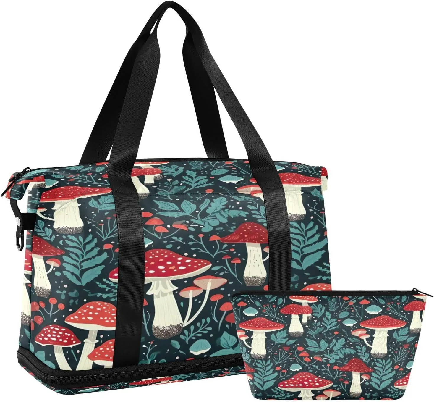 Kigai Mushroom Leaf Gym Bag for Women & Men,Waterproof Weekender Overnight Bag with Shoes Compartment Sports Duffel Bag for Gym Yoga Swimming Camping