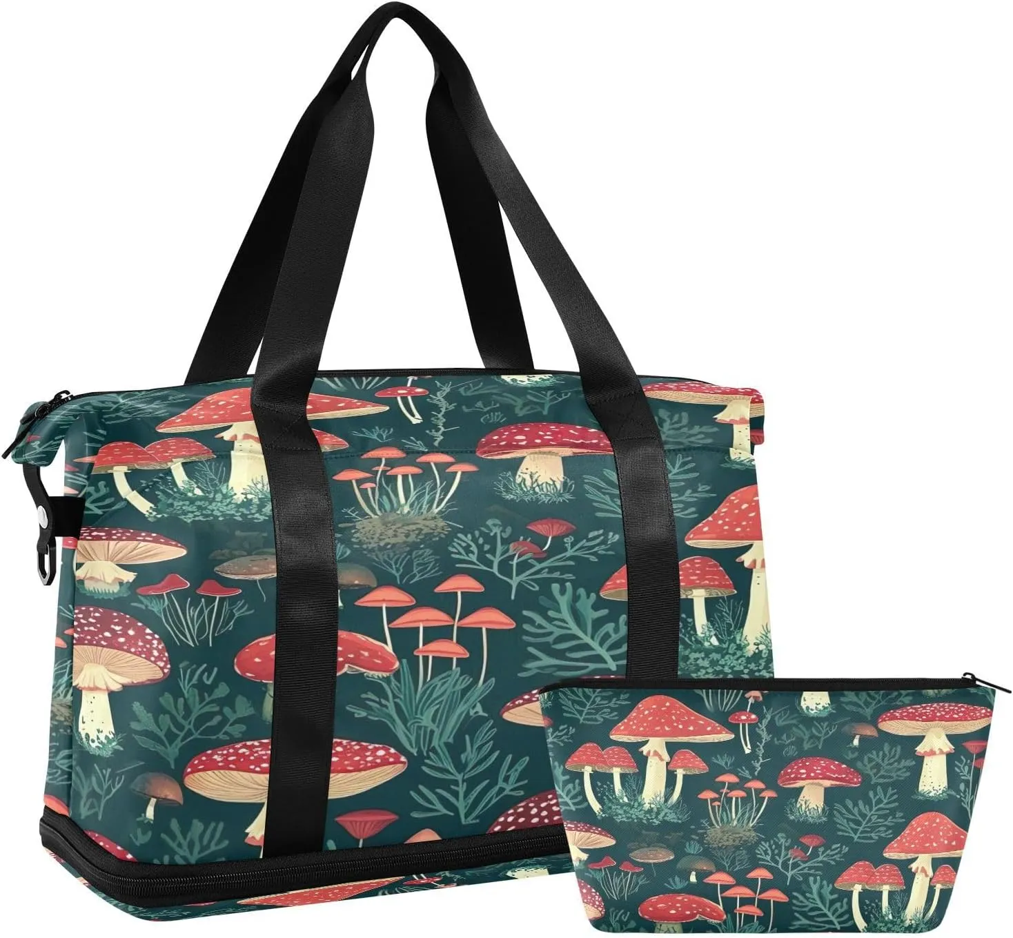 Kigai Mushroom Leaf Gym Bag for Women & Men,Waterproof Weekender Overnight Bag with Shoes Compartment Sports Duffel Bag for Gym Yoga Swimming Camping