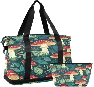 Kigai Mushroom Leaf Gym Bag for Women & Men,Waterproof Weekender Overnight Bag with Shoes Compartment Sports Duffel Bag for Gym Yoga Swimming Camping