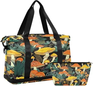 Kigai Mushroom Leaves Gym Bag for Women & Men,Waterproof Weekender Overnight Bag with Shoes Compartment Sports Duffel Bag for Gym Yoga Swimming Camping