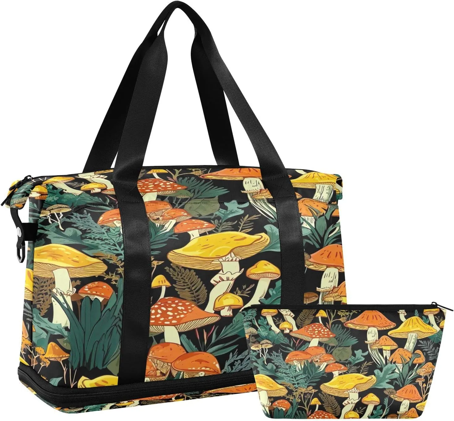 Kigai Mushroom Leaves Gym Bag for Women & Men,Waterproof Weekender Overnight Bag with Shoes Compartment Sports Duffel Bag for Gym Yoga Swimming Camping
