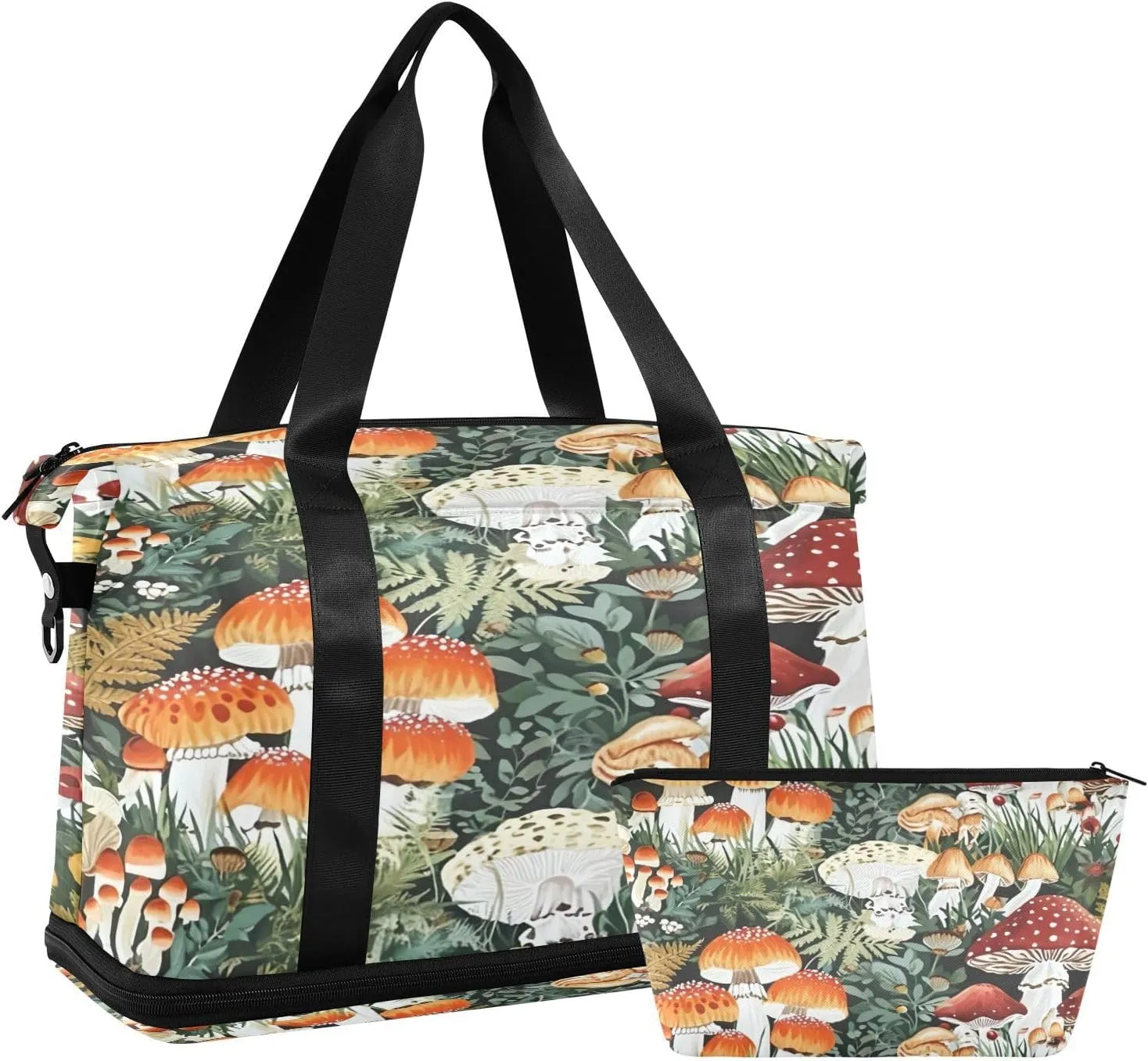 Kigai Mushroom Leaves Gym Bag for Women & Men,Waterproof Weekender Overnight Bag with Shoes Compartment Sports Duffel Bag for Gym Yoga Swimming Camping