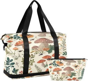 Kigai Mushroom Leaves Gym Bag for Women & Men,Waterproof Weekender Overnight Bag with Shoes Compartment Sports Duffel Bag for Gym Yoga Swimming Camping