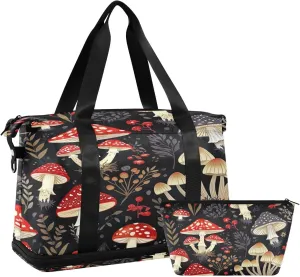 Kigai Mushroom Leaves Gym Bag for Women & Men,Waterproof Weekender Overnight Bag with Shoes Compartment Sports Duffel Bag for Gym Yoga Swimming Camping