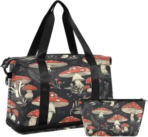 Kigai Mushroom Leaves Gym Bag for Women & Men,Waterproof Weekender Overnight Bag with Shoes Compartment Sports Duffel Bag for Gym Yoga Swimming Camping
