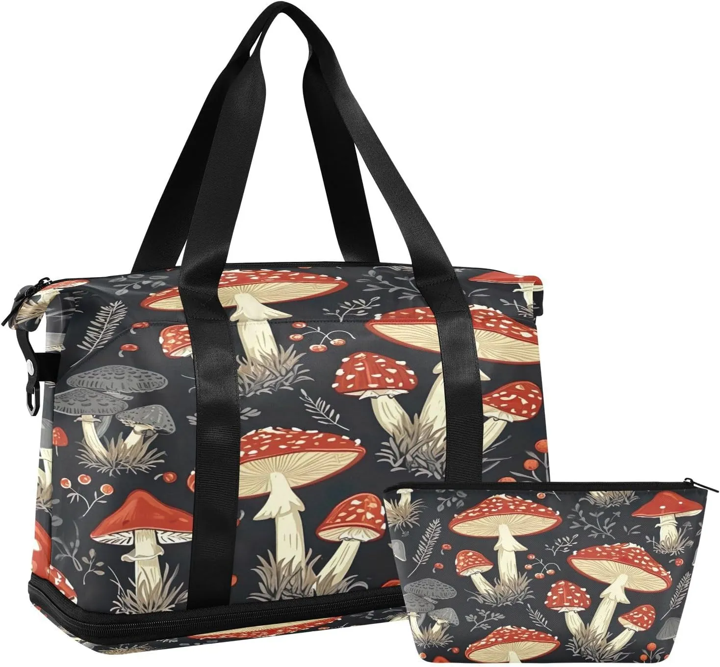 Kigai Mushroom Leaves Gym Bag for Women & Men,Waterproof Weekender Overnight Bag with Shoes Compartment Sports Duffel Bag for Gym Yoga Swimming Camping