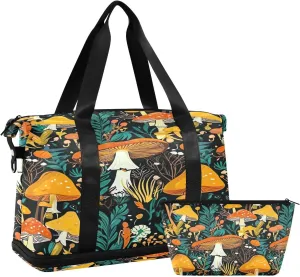 Kigai Mushroom Leaves Gym Bag for Women & Men,Waterproof Weekender Overnight Bag with Shoes Compartment Sports Duffel Bag for Gym Yoga Swimming Camping