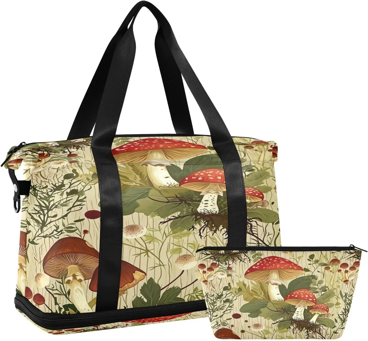 Kigai Mushroom Leaves Gym Bag for Women & Men,Waterproof Weekender Overnight Bag with Shoes Compartment Sports Duffel Bag for Gym Yoga Swimming Camping