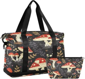 Kigai Mushroom Leaves Gym Bag for Women & Men,Waterproof Weekender Overnight Bag with Shoes Compartment Sports Duffel Bag for Gym Yoga Swimming Camping