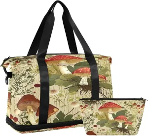 Kigai Mushroom Leaves Gym Bag for Women & Men,Waterproof Weekender Overnight Bag with Shoes Compartment Sports Duffel Bag for Gym Yoga Swimming Camping