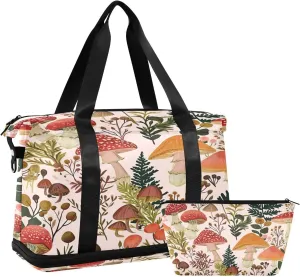 Kigai Mushroom Leaves Gym Bag for Women & Men,Waterproof Weekender Overnight Bag with Shoes Compartment Sports Duffel Bag for Gym Yoga Swimming Camping