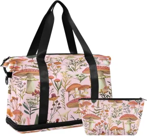 Kigai Mushroom Leaves Gym Bag for Women & Men,Waterproof Weekender Overnight Bag with Shoes Compartment Sports Duffel Bag for Gym Yoga Swimming Camping