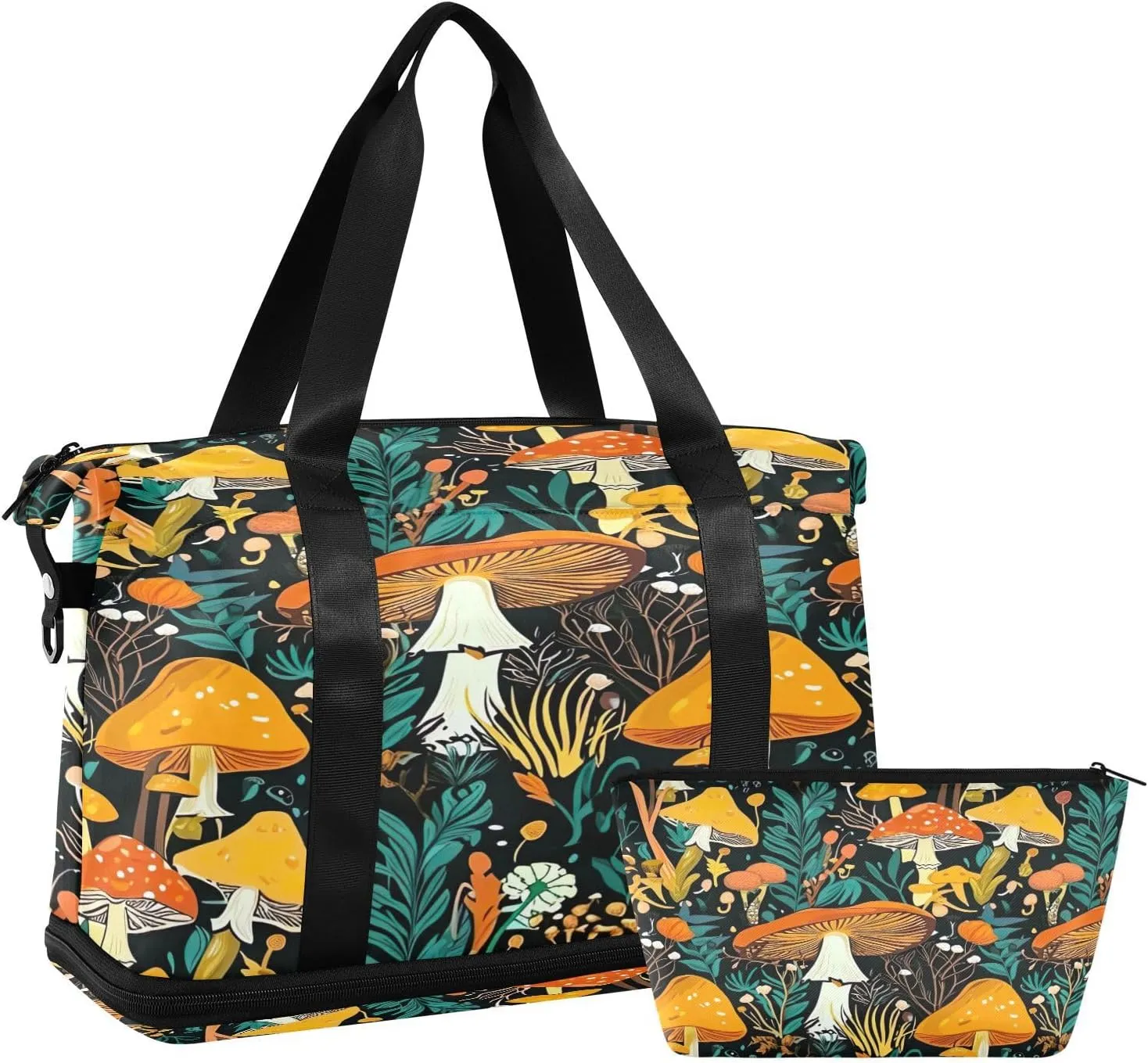 Kigai Mushroom Leaves Gym Bag for Women & Men,Waterproof Weekender Overnight Bag with Shoes Compartment Sports Duffel Bag for Gym Yoga Swimming Camping