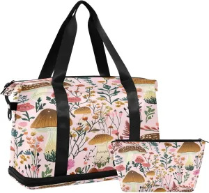 Kigai Mushroom Leaves Gym Bag for Women & Men,Waterproof Weekender Overnight Bag with Shoes Compartment Sports Duffel Bag for Gym Yoga Swimming Camping