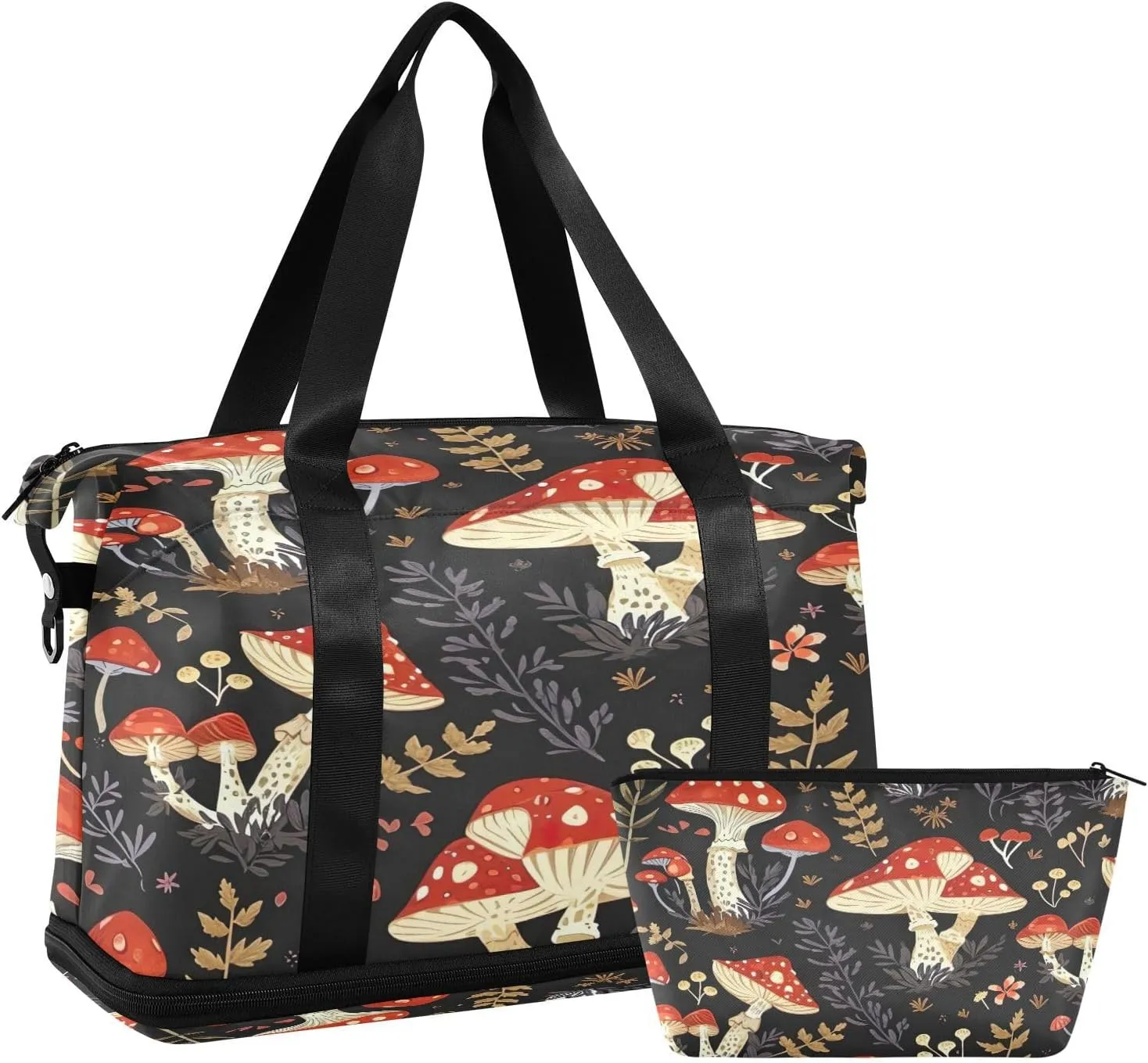 Kigai Mushroom Leaves Gym Bag for Women & Men,Waterproof Weekender Overnight Bag with Shoes Compartment Sports Duffel Bag for Gym Yoga Swimming Camping