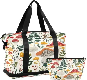 Kigai Mushroom Leaves Gym Bag for Women & Men,Waterproof Weekender Overnight Bag with Shoes Compartment Sports Duffel Bag for Gym Yoga Swimming Camping
