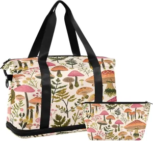 Kigai Mushroom Leaves Gym Bag for Women & Men,Waterproof Weekender Overnight Bag with Shoes Compartment Sports Duffel Bag for Gym Yoga Swimming Camping