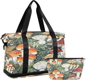 Kigai Mushroom Leaves Gym Bag for Women & Men,Waterproof Weekender Overnight Bag with Shoes Compartment Sports Duffel Bag for Gym Yoga Swimming Camping