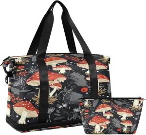 Kigai Mushroom Leaves Gym Bag for Women & Men,Waterproof Weekender Overnight Bag with Shoes Compartment Sports Duffel Bag for Gym Yoga Swimming Camping