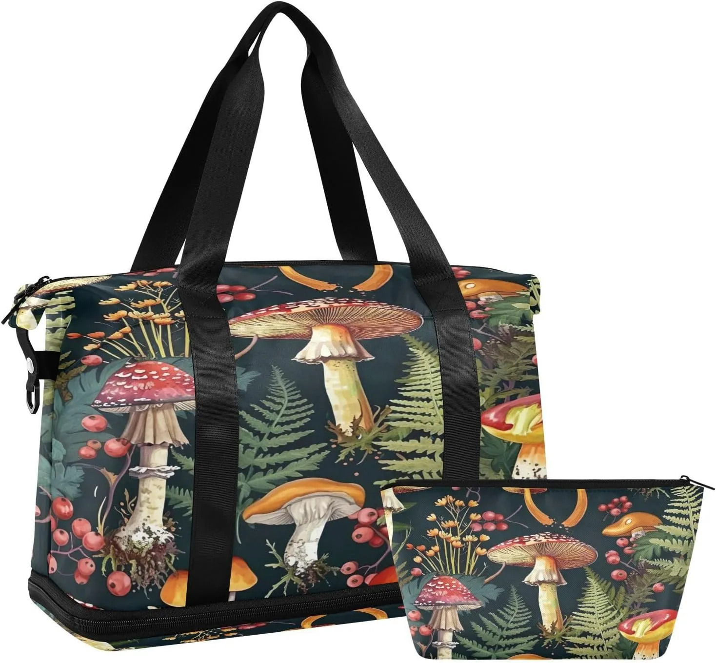 Kigai Mushroom Leaves Gym Bag for Women & Men,Waterproof Weekender Overnight Bag with Shoes Compartment Sports Duffel Bag for Gym Yoga Swimming Camping