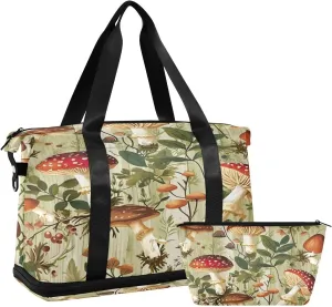 Kigai Mushroom Leaves Gym Bag for Women & Men,Waterproof Weekender Overnight Bag with Shoes Compartment Sports Duffel Bag for Gym Yoga Swimming Camping