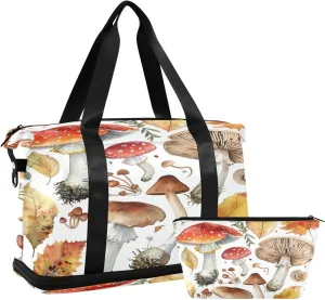 Kigai Mushroom Leaves Gym Bag for Women & Men,Waterproof Weekender Overnight Bag with Shoes Compartment Sports Duffel Bag for Gym Yoga Swimming Camping