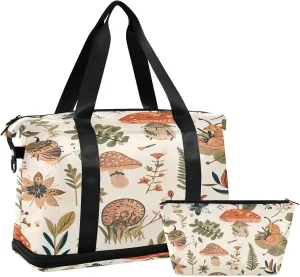 Kigai Mushroom Leaves Gym Bag for Women & Men,Waterproof Weekender Overnight Bag with Shoes Compartment Sports Duffel Bag for Gym Yoga Swimming Camping
