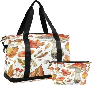 Kigai Mushroom Leaves Gym Bag for Women & Men,Waterproof Weekender Overnight Bag with Shoes Compartment Sports Duffel Bag for Gym Yoga Swimming Camping