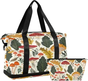 Kigai Mushroom Leaves Gym Bag for Women & Men,Waterproof Weekender Overnight Bag with Shoes Compartment Sports Duffel Bag for Gym Yoga Swimming Camping