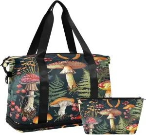 Kigai Mushroom Leaves Gym Bag for Women & Men,Waterproof Weekender Overnight Bag with Shoes Compartment Sports Duffel Bag for Gym Yoga Swimming Camping