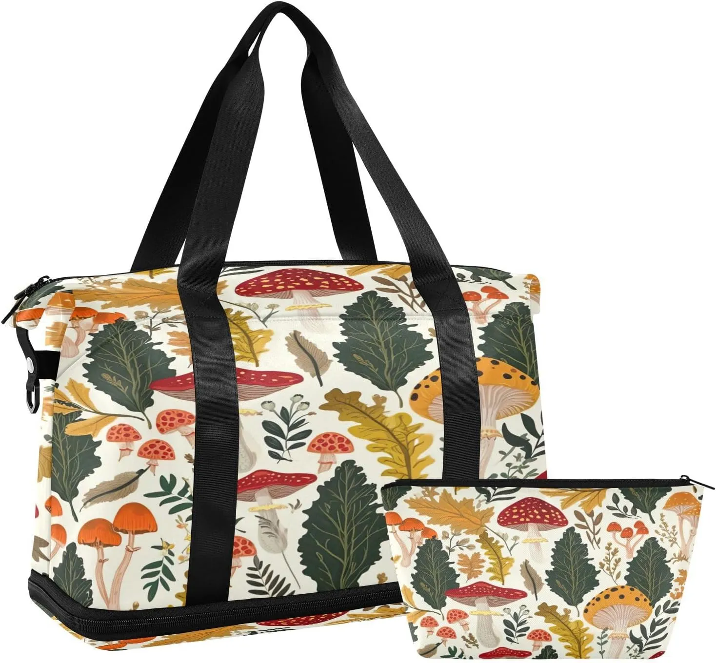 Kigai Mushroom Leaves Gym Bag for Women & Men,Waterproof Weekender Overnight Bag with Shoes Compartment Sports Duffel Bag for Gym Yoga Swimming Camping