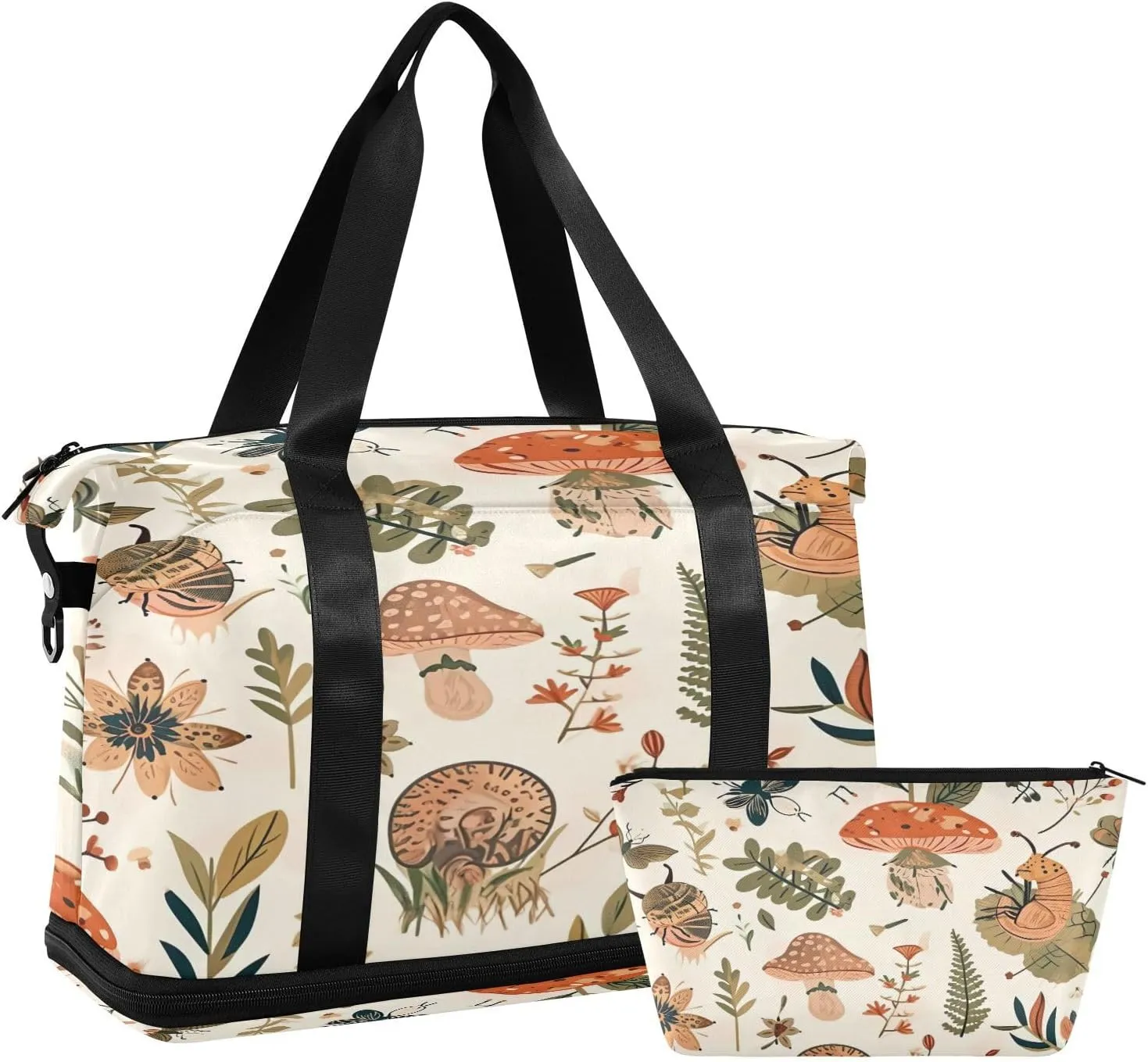 Kigai Mushroom Leaves Gym Bag for Women & Men,Waterproof Weekender Overnight Bag with Shoes Compartment Sports Duffel Bag for Gym Yoga Swimming Camping