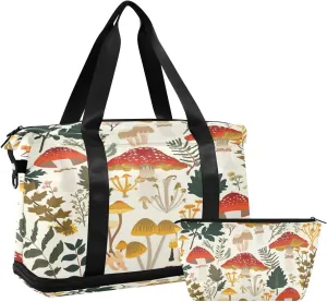 Kigai Mushroom Leaves Gym Bag for Women & Men,Waterproof Weekender Overnight Bag with Shoes Compartment Sports Duffel Bag for Gym Yoga Swimming Camping